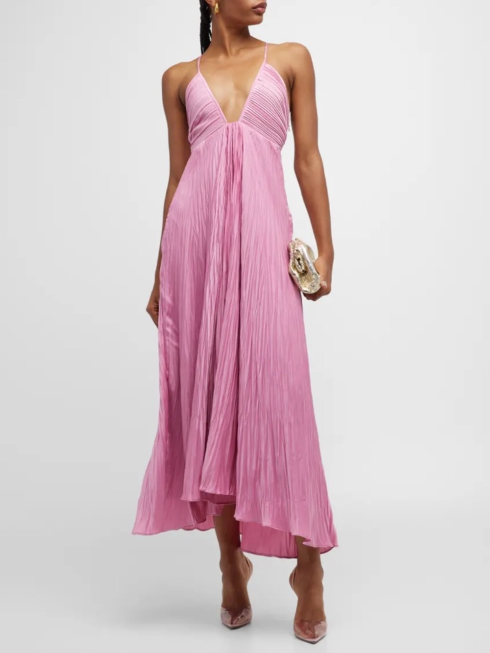 A.L.C. Rosy Pink Pleated V-Neck Midi Dress